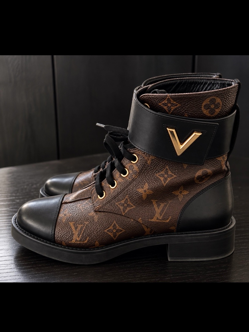 Louis Vuitton Brown Monogram & Black Leather Lace-Up Ankle Boots